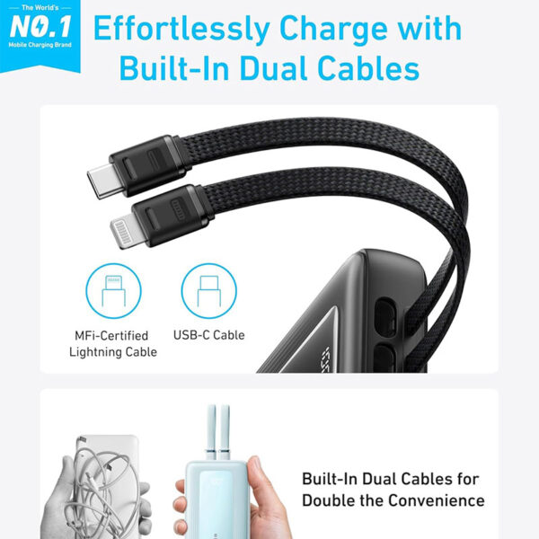 پاوربانک ۳۰ واتی انکر با ظرفیت ۲۰۰۰۰ میلی آمپر Anker Zolo Power Bank Built-in USB-C and Lightning Cable مدل A۱۶۸۱