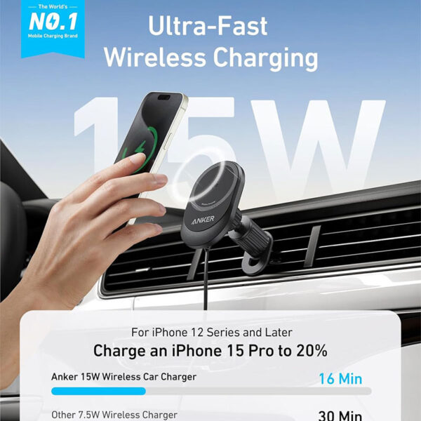 پایه نگهدارنده خودرو و شارژر بی سیم انکر مدل Anker MagGo ۱۵W MagSafe Car Mount مدل B۲۹۳۲